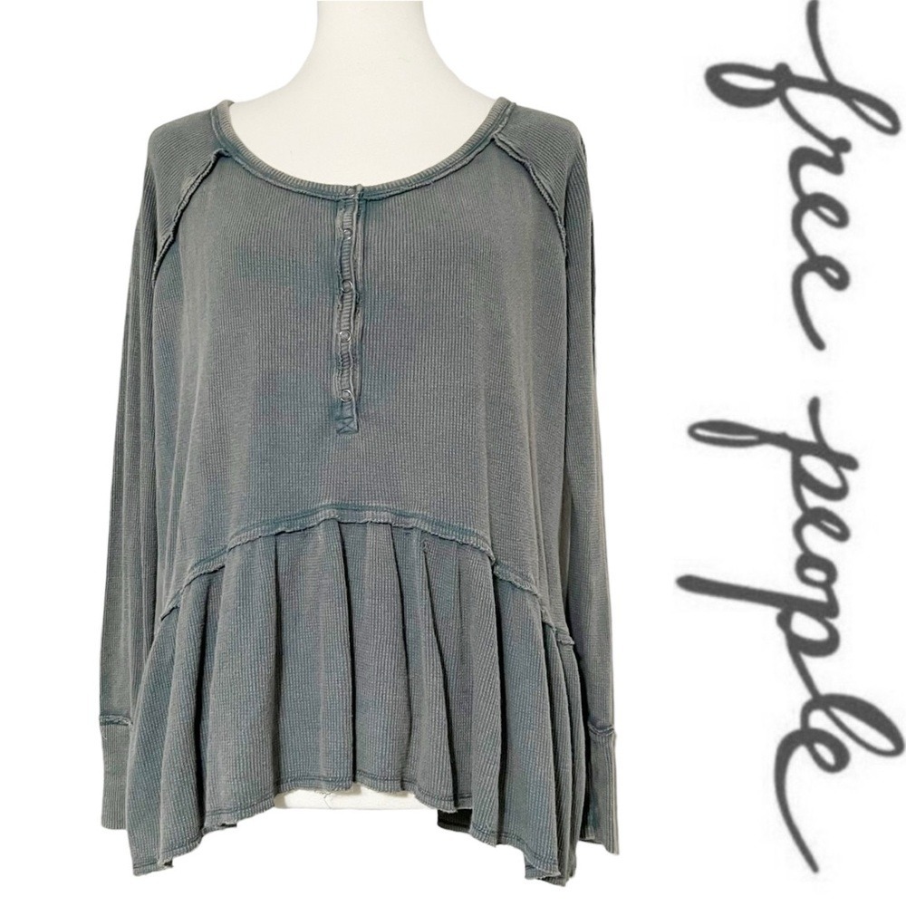 Free People Coastline Peplum Hem Sweater Scoop Neck Long Sleeve‎ Blue Green